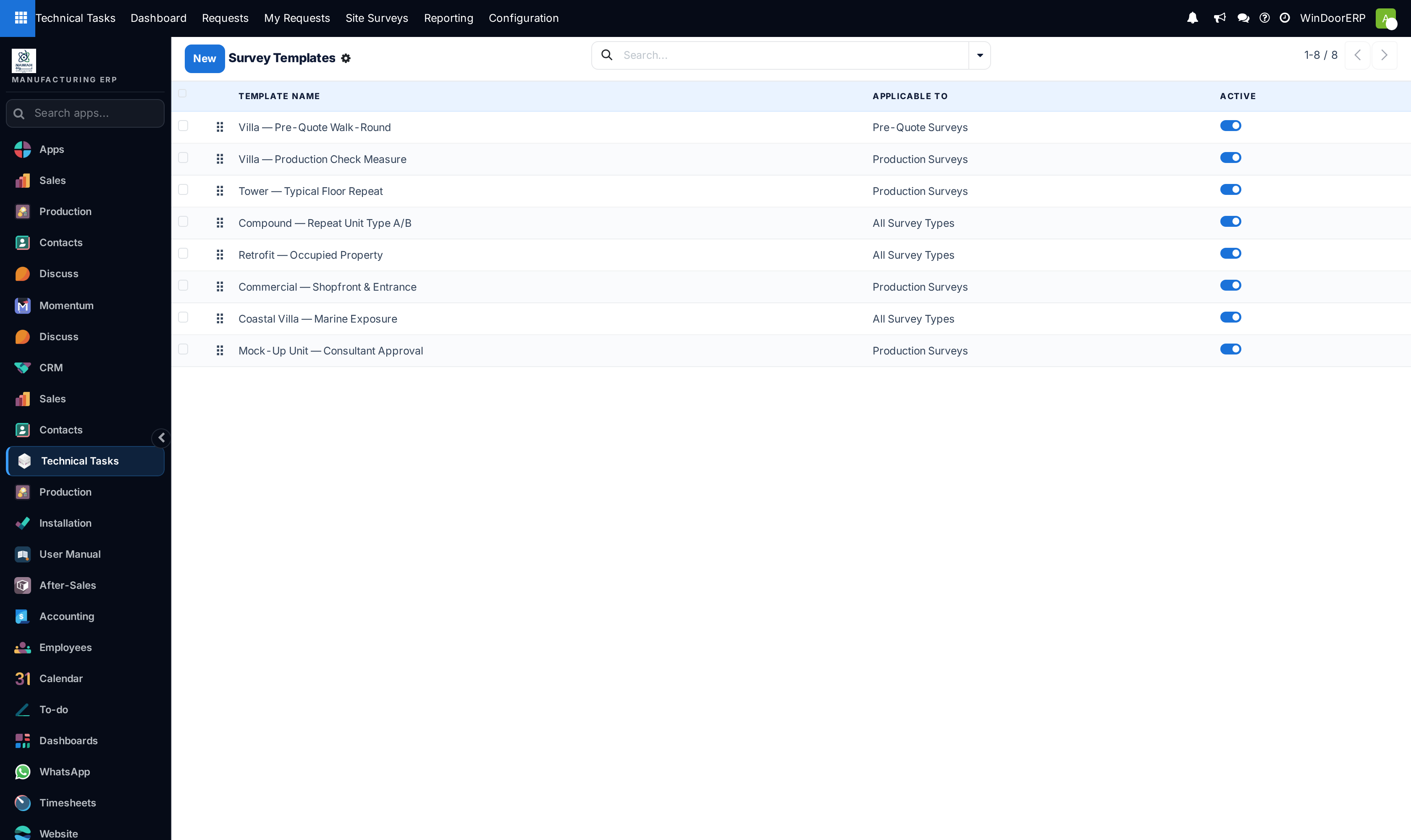 Site survey templates catalog defining mandatory opening measurement fields