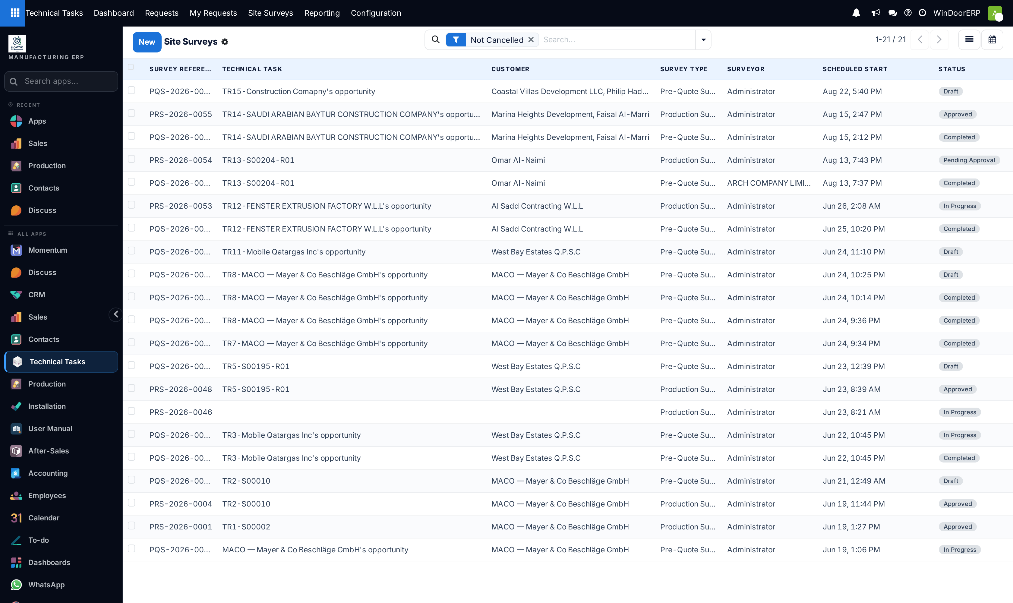 All site surveys master list showing survey numbers, project locations, and survey states