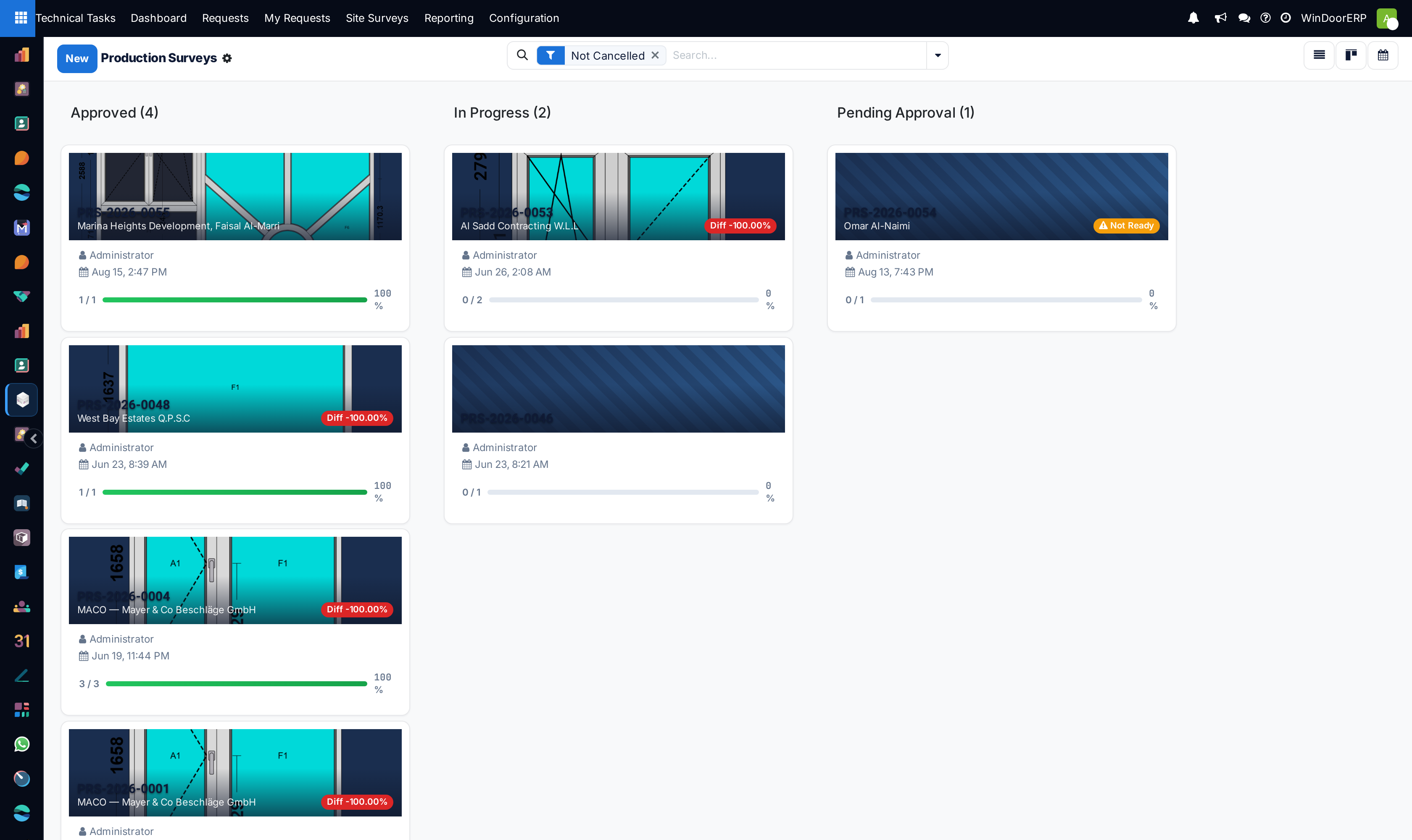 Production surveys kanban board showing verification and approval stages