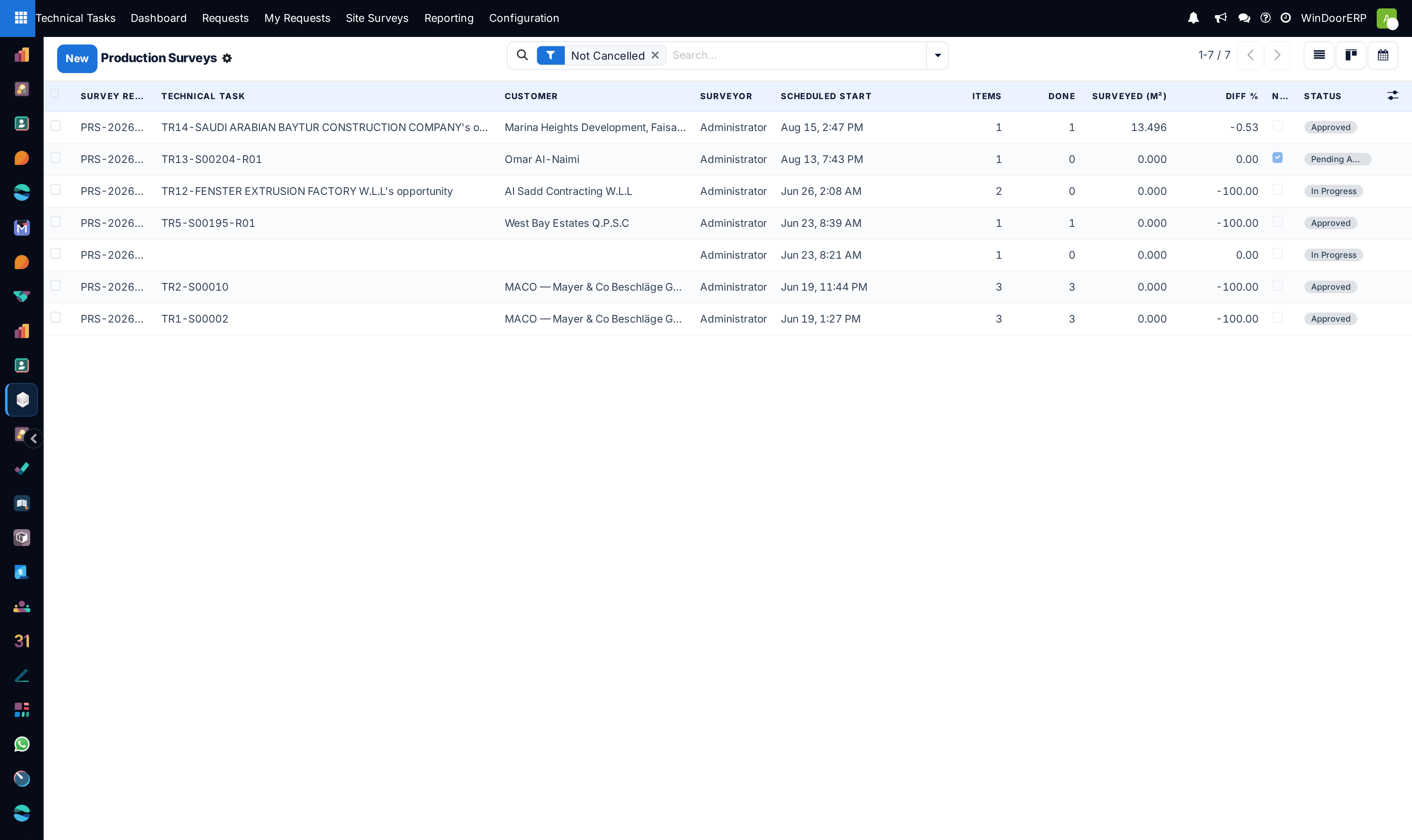 Production manufacturing surveys list containing millimeter-accurate opening measurements