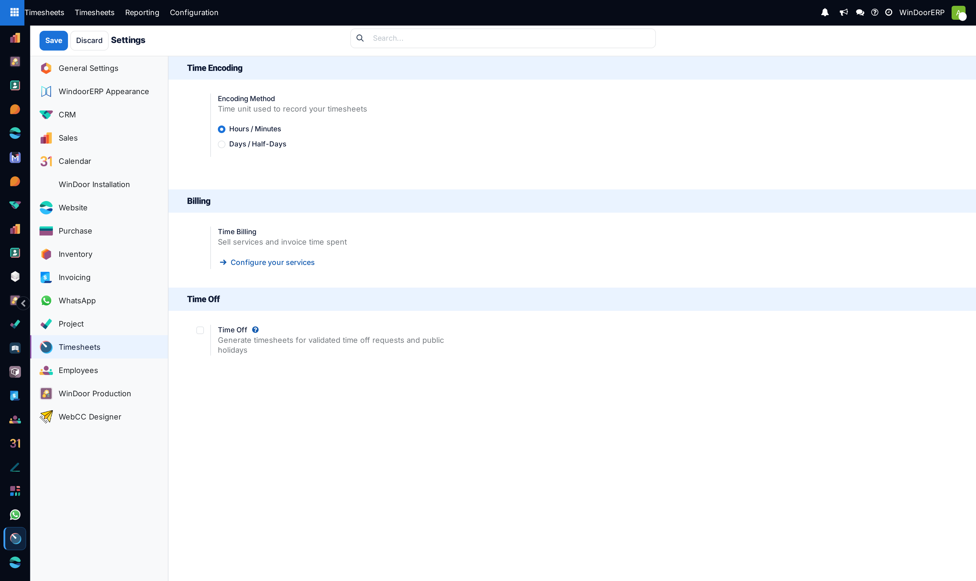 Timesheets global configuration settings editor