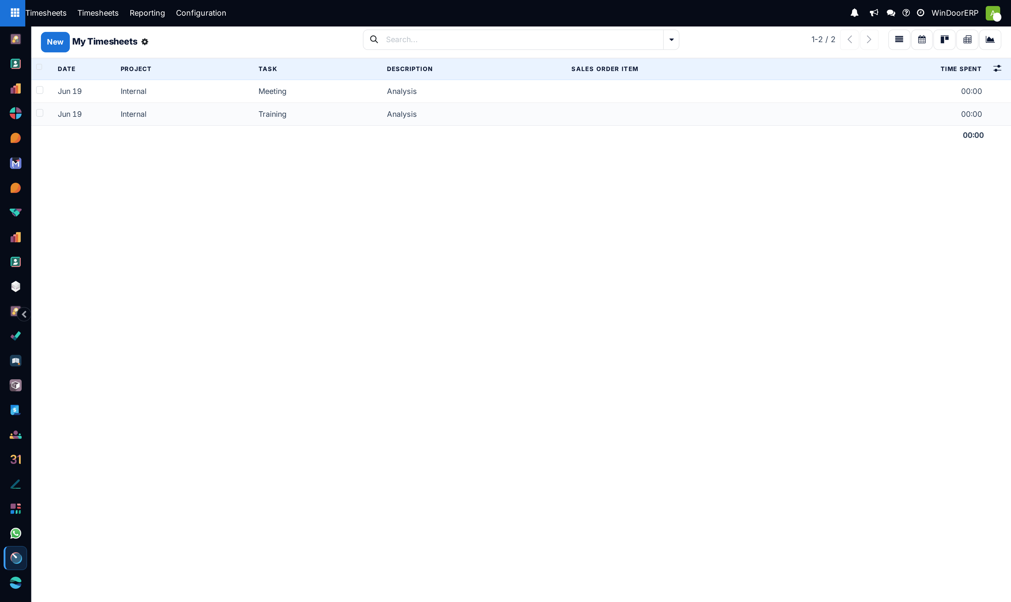 My timesheets personal entry list showing dates, projects, tasks, and logged hours