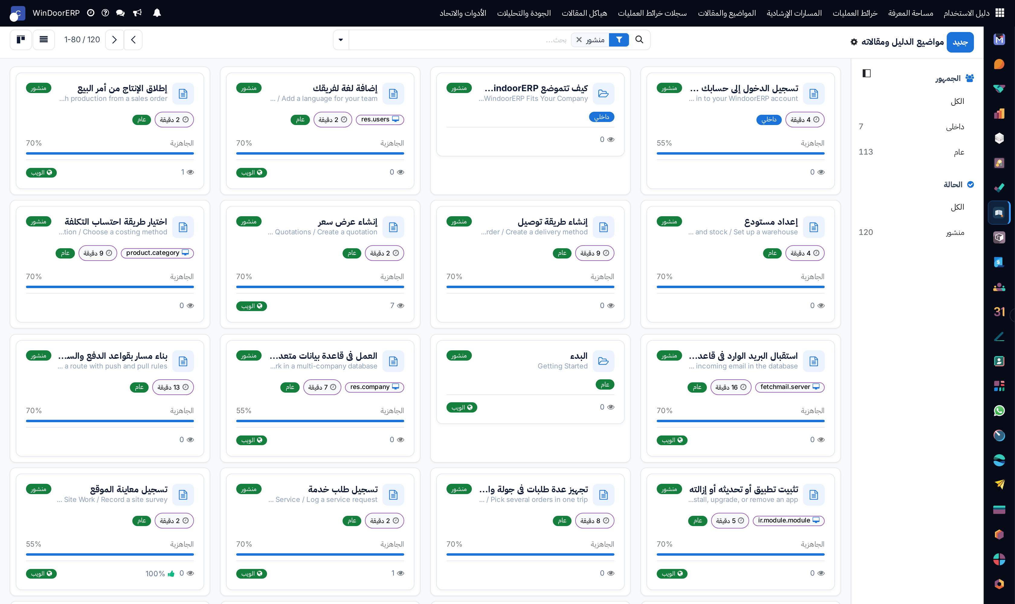 Topics and articles kanban board categorized by application modules