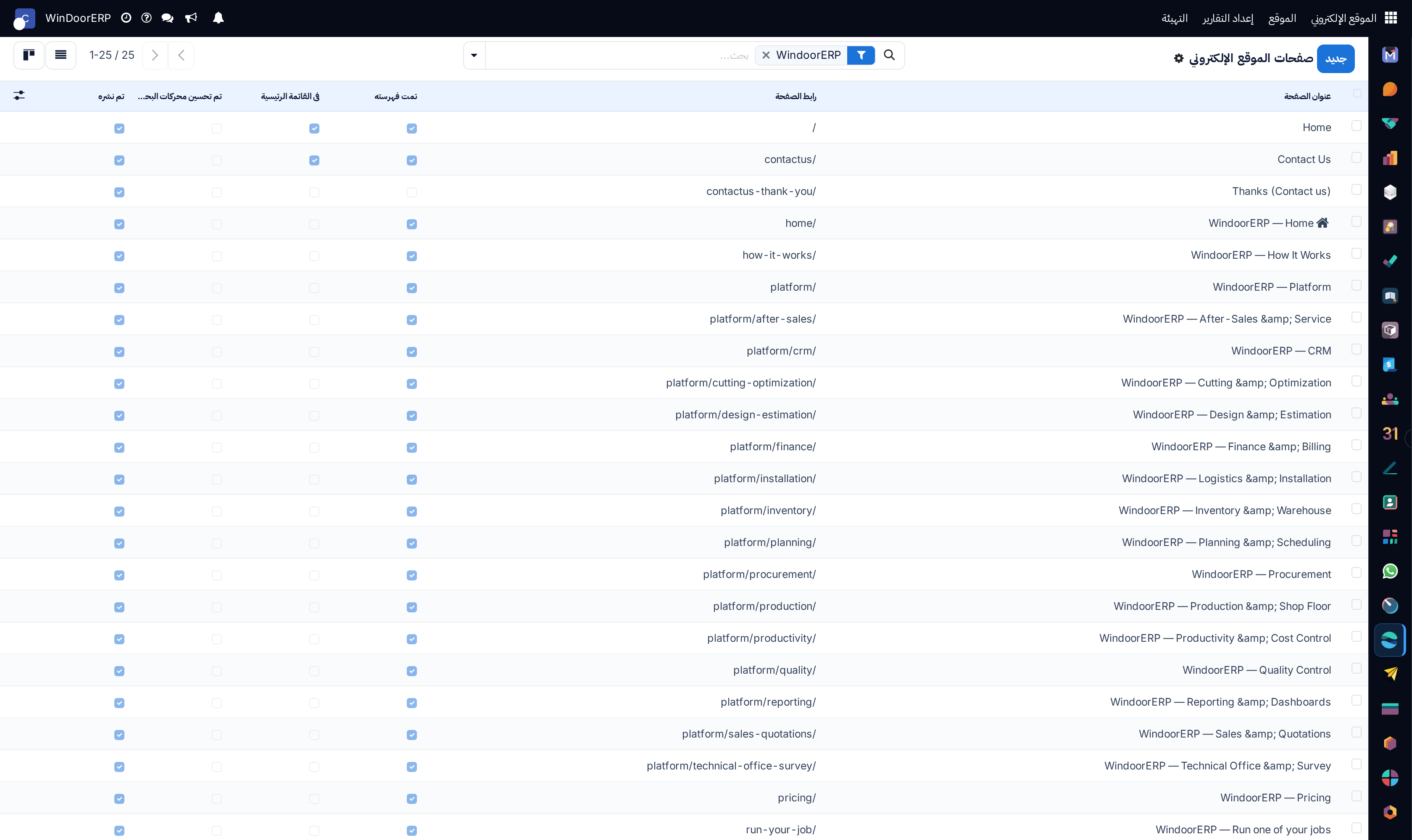 Website published pages registry list showing URLs, published states, and page views