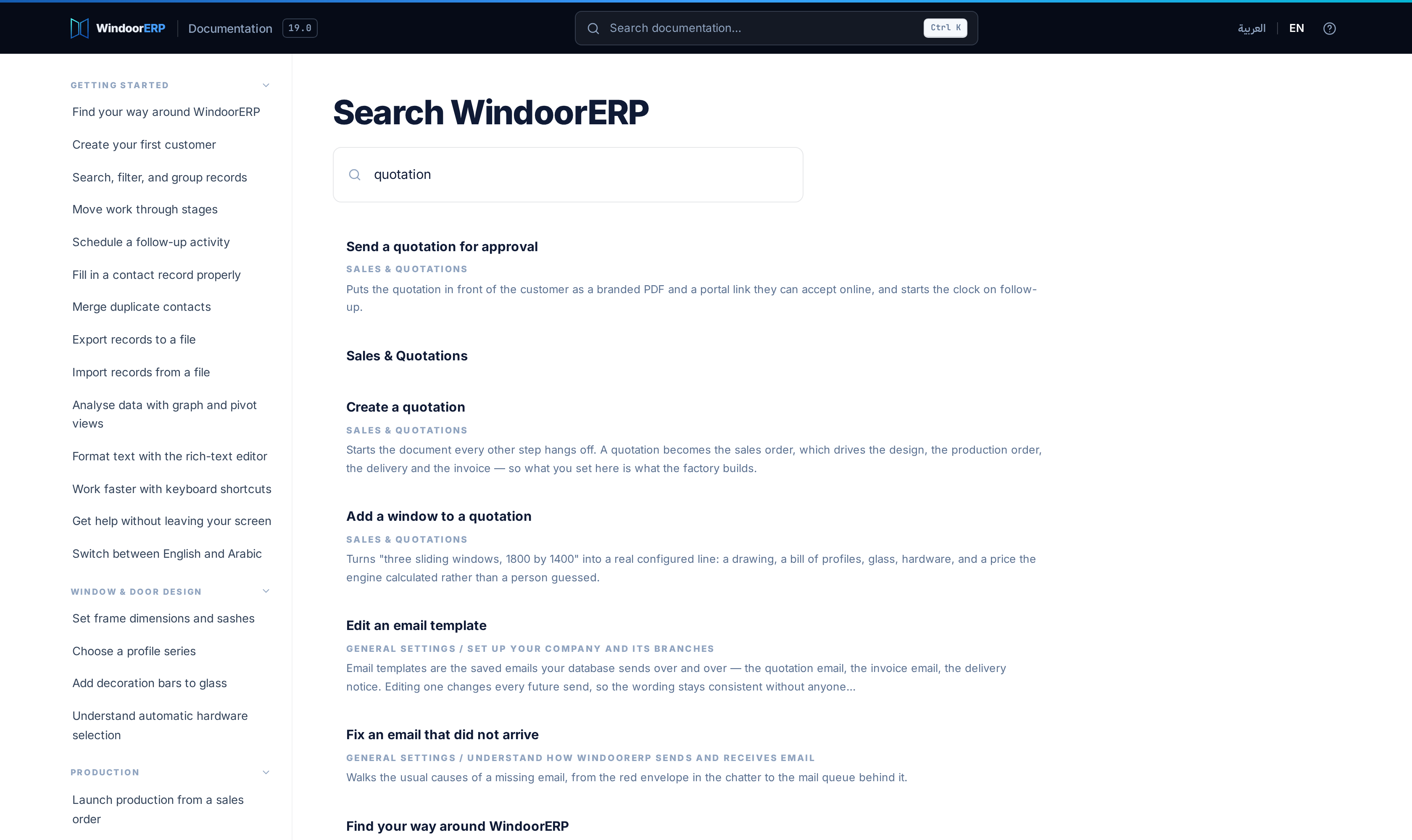 Help search results page header with filtered keyword matches