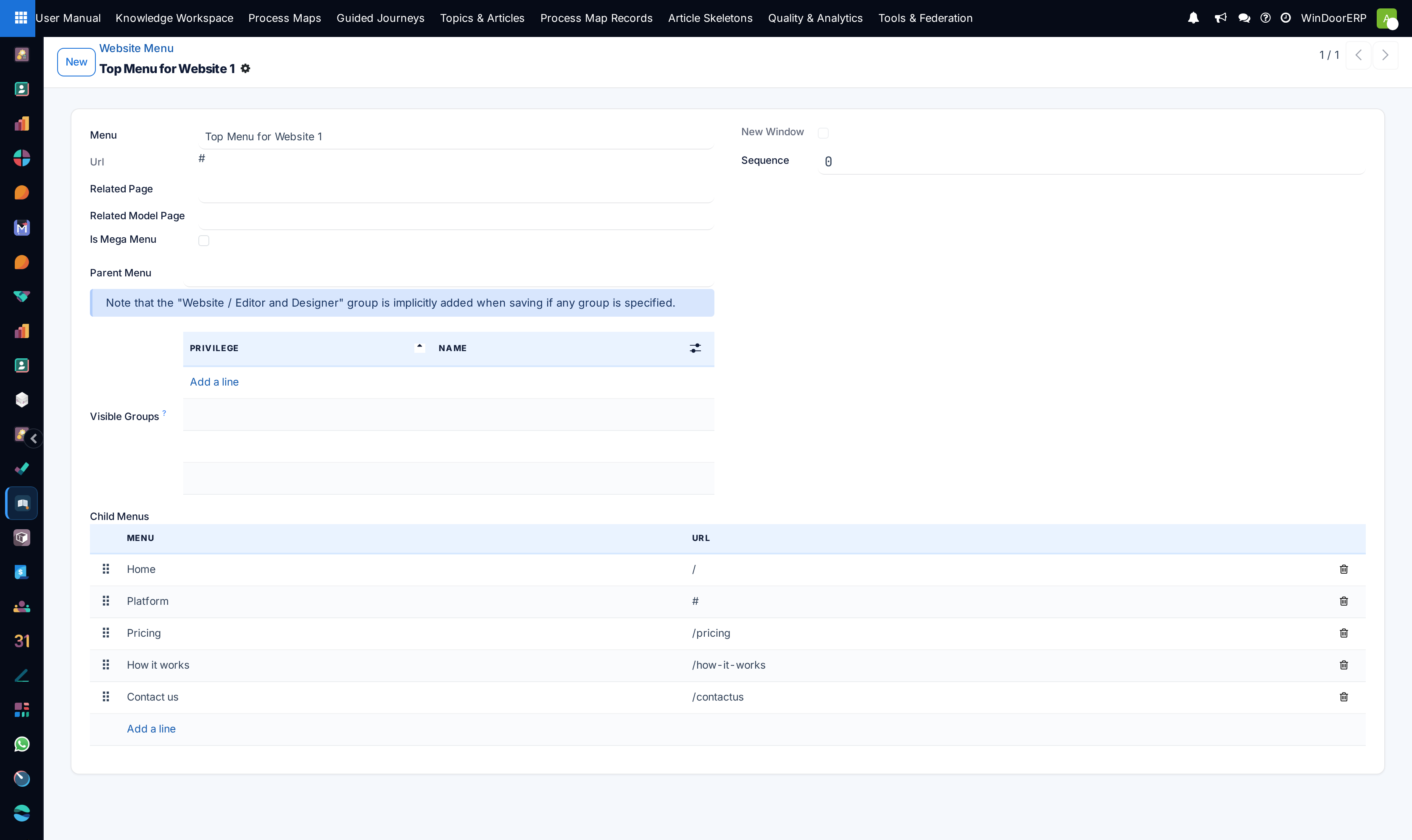 Menu item editor with URL and language bindings
