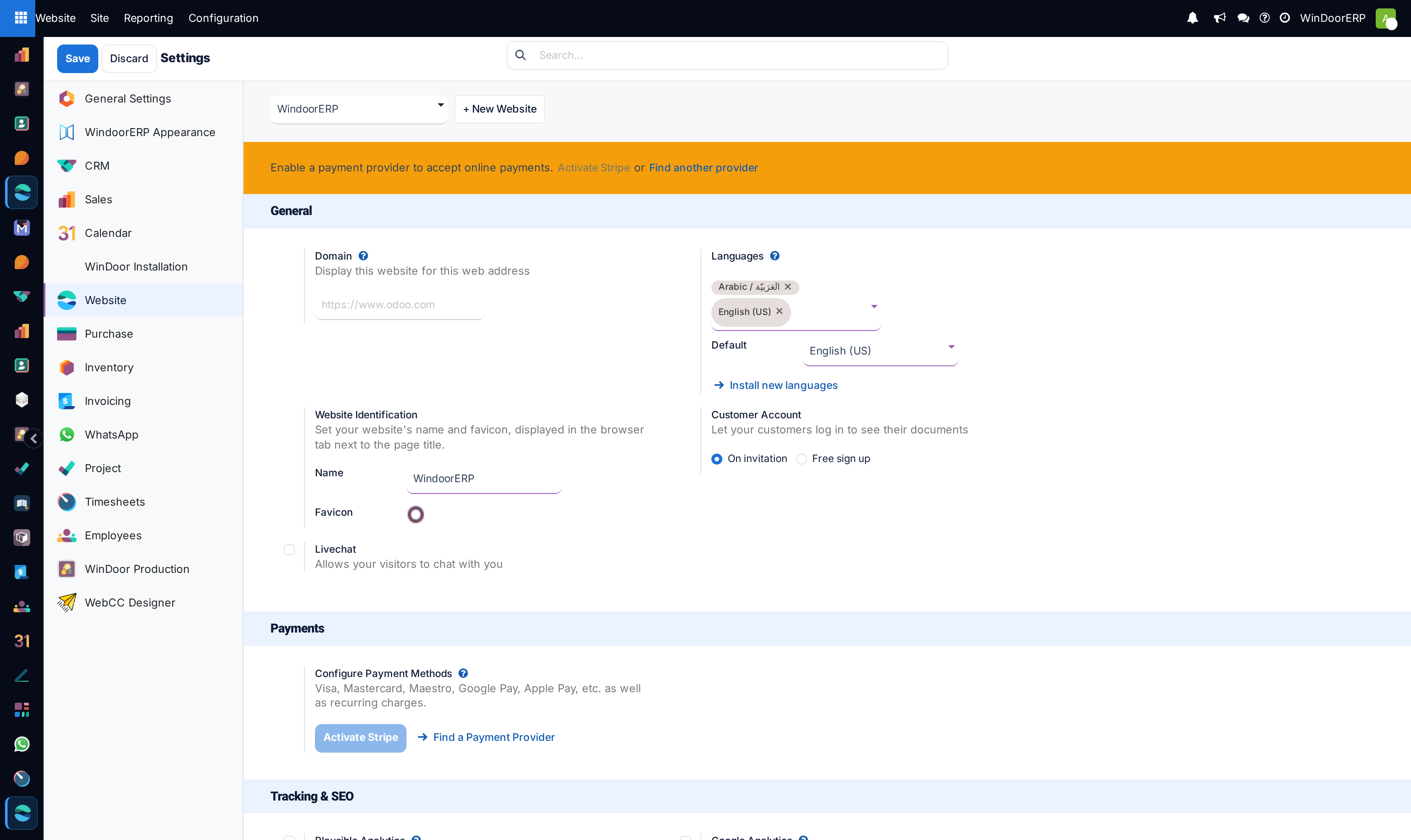 Website module global settings panel with SEO and CDN settings