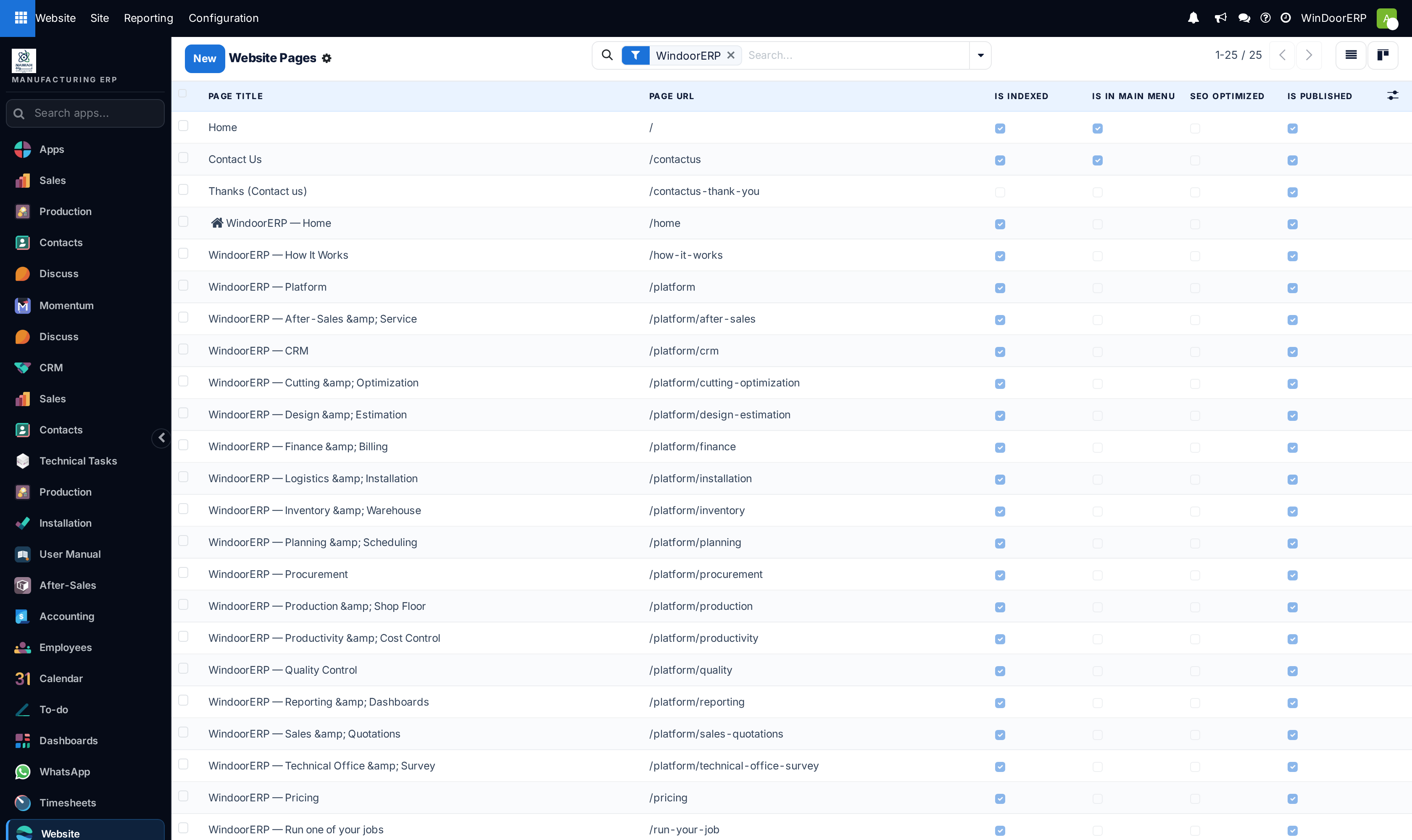 Website published pages registry list showing URLs, published states, and page views