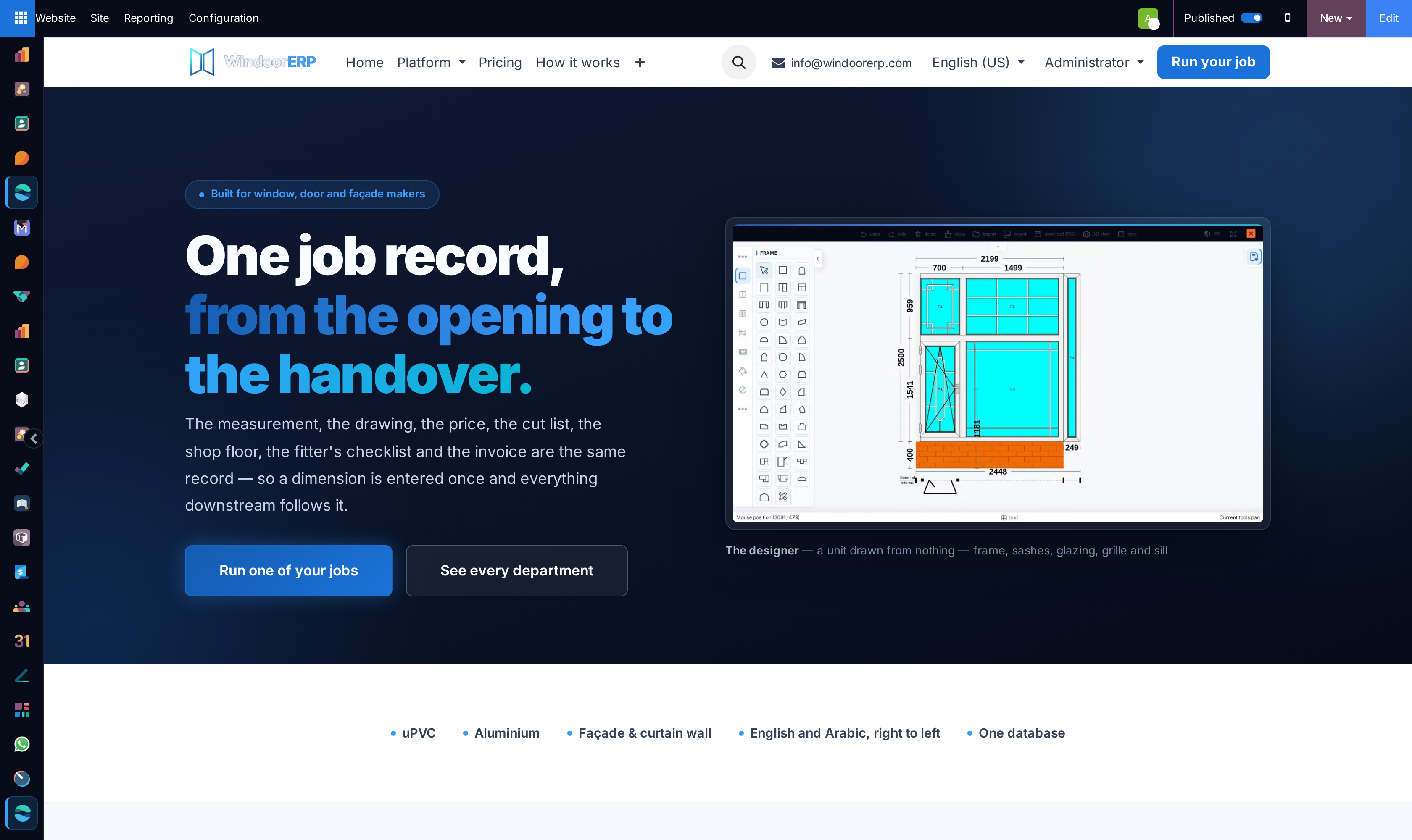 Website backend homepage live editing screen