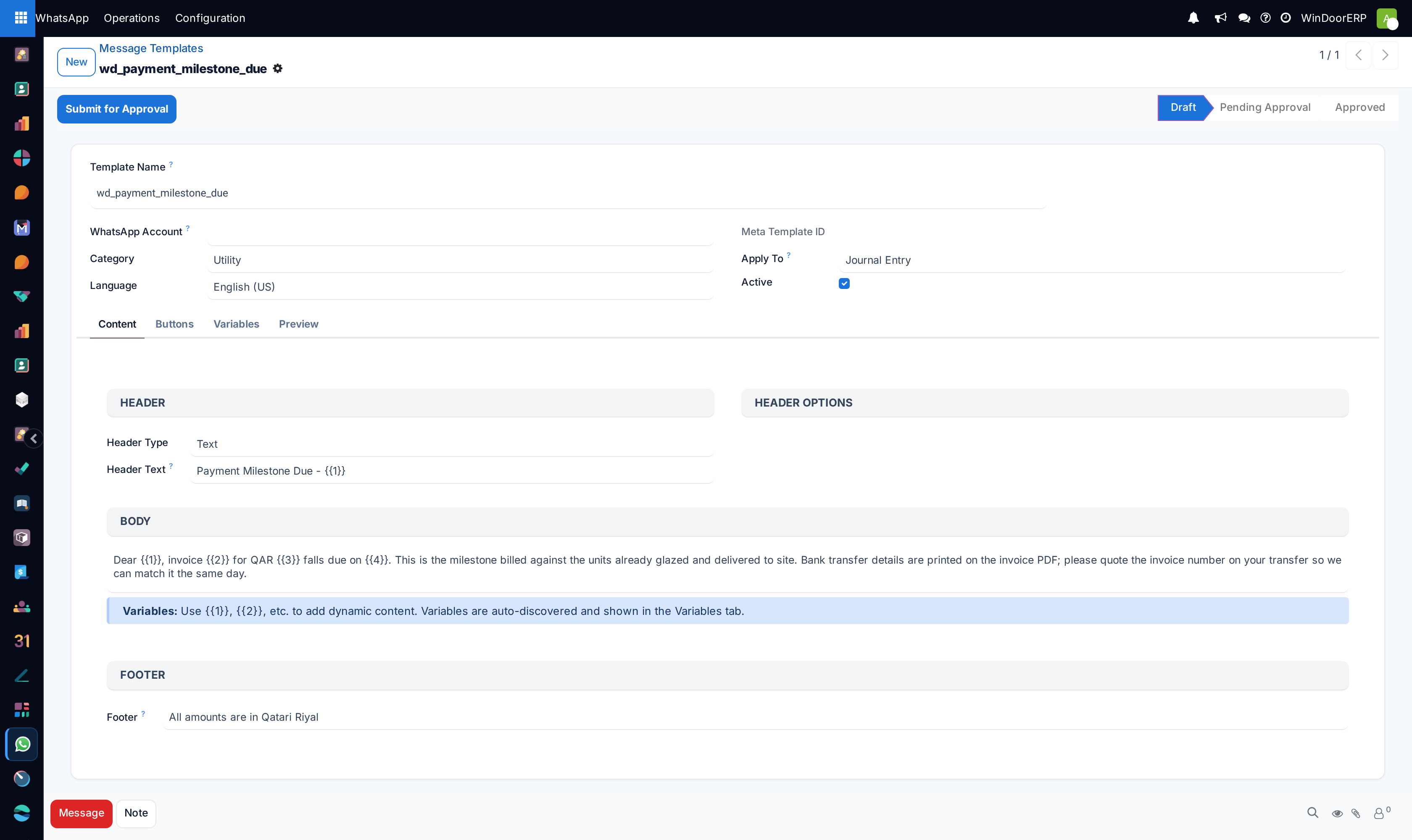 Template designer form with live mobile phone screen preview, variable mapping, and interactive buttons